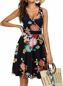 GUBERRY Women's LARGE Summer Casual Short Sleeve V Neck Floral Dress Pockets